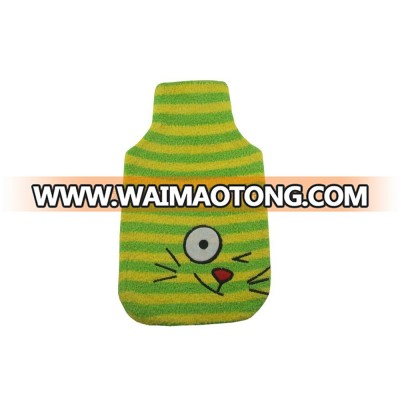 Green color plush cover rubber hot water bottle